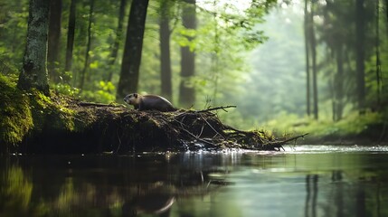 A photo of a beaver building a dam in a calm forest stream. 