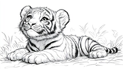 Obraz premium Adorable tiger cub lying in grass, looking up.