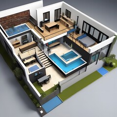 Beautiful large home with pool and backyard in the background, wide angle shot, sunny day, blue sky, high resolution
