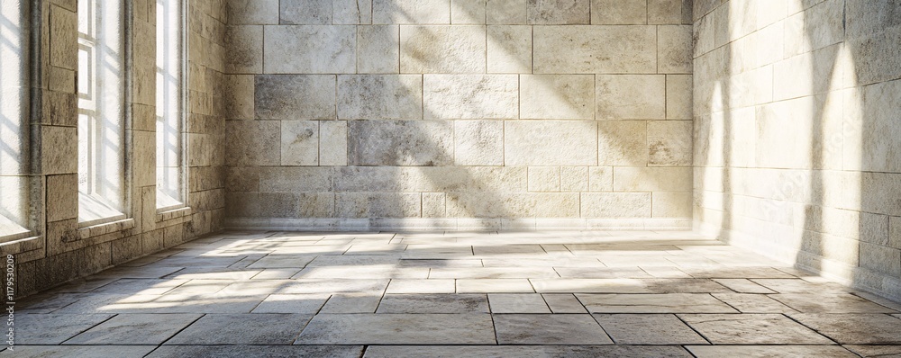 Aufkleber Sunlight illuminating empty room with stone tiled floor and large windows