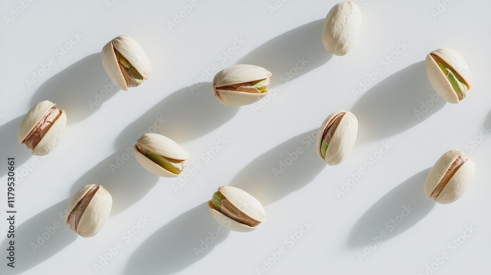 Aufkleber Several pistachios are levitating on a minimalist white background, casting elongated shadows that add depth and visual interest to the composition, emphasizing the nuts' texture and color
