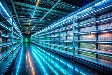 Fototapeta premium Empty Grocery Shelves: Nighttime Supply Chain Crisis Stock Photo