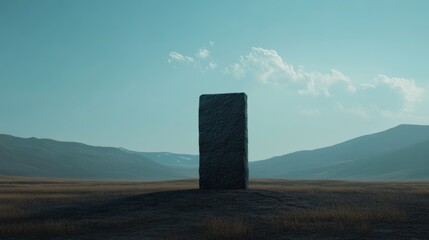 Tall stone monument stands alone in a vast, flat, grassy field against a mountain backdrop under a clear sky.