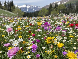 Obraz premium Vibrant Wildflower Meadow in Full Bloom Against Majestic Mountain Range