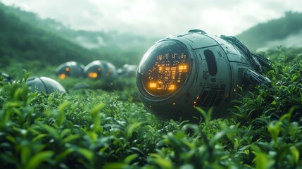 Futuristic Smart Tea Plantation with Digital Pods. Generative AI