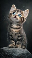 Obraz premium This adorable kitten, with striking blue eyes and soft fur, sits atop a rock, gazing curiously into the distance.