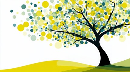 Abstract Tree Design with Colorful Circles and Gentle Hills, Perfect for Nature-Themed Projects and Artistic Representations in Various Media Formats