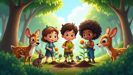 Children Planting Flowers in a Forest with Animals