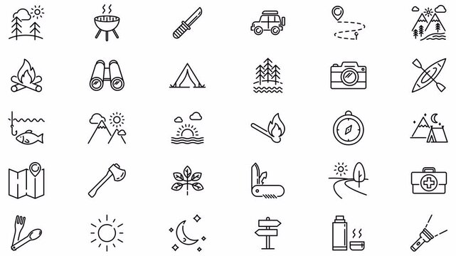 Animated camping icon set. Outdoor recreation activity background with line icons collection. Alpha-channel, 4K.