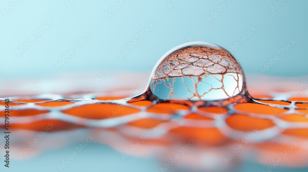 Poster close-up of water droplet on colorful surface with abstract patterns and textures in soft lighting