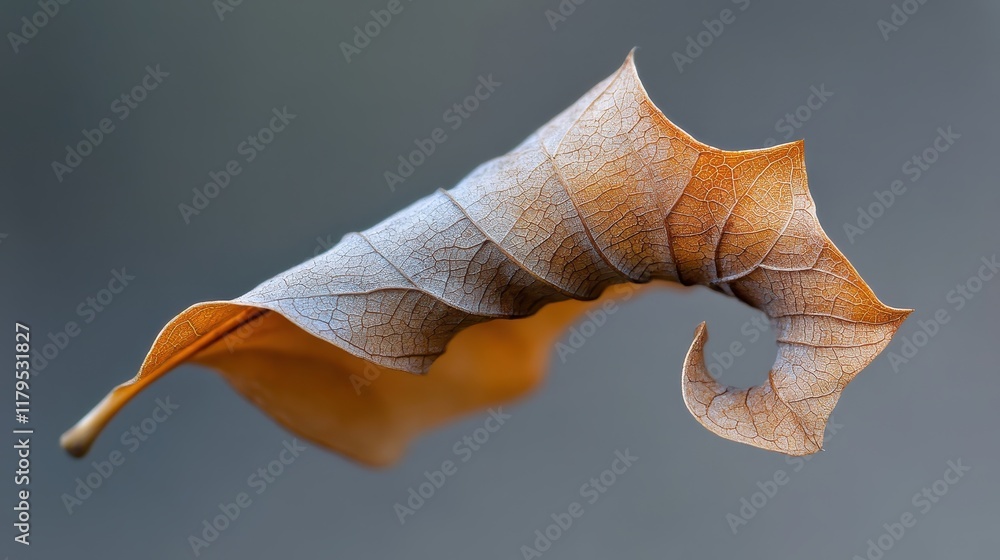 Poster close-up of a delicate autumn leaf highlighting intricate textures and colors in a soft blurred back