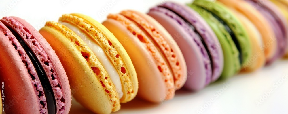 Poster colorful macarons arranged neatly in a row showcasing delicate pastries with vibrant colors and uniq