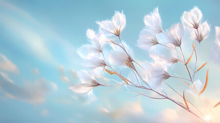 Fototapeta premium Delicate, feathery milkweed seeds drift gently through the air, carrying the promise of new life, against a soft, serene, and dreamy blue sky background. Windborne. Illustration