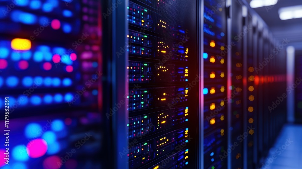 Poster modern data center with a row of sleek servers illuminated by soft ambient lighting creating a high-