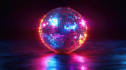 Colorful disco ball with neon lights on reflective surface