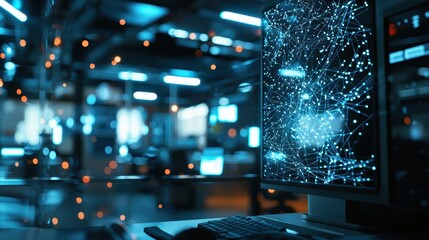 Digital network visualization on computer screen in futuristic office environment with glowing technology and dynamic lights