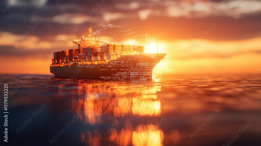 Poster massive container ship navigating through calm ocean waters under clear blue sky with gentle waves c