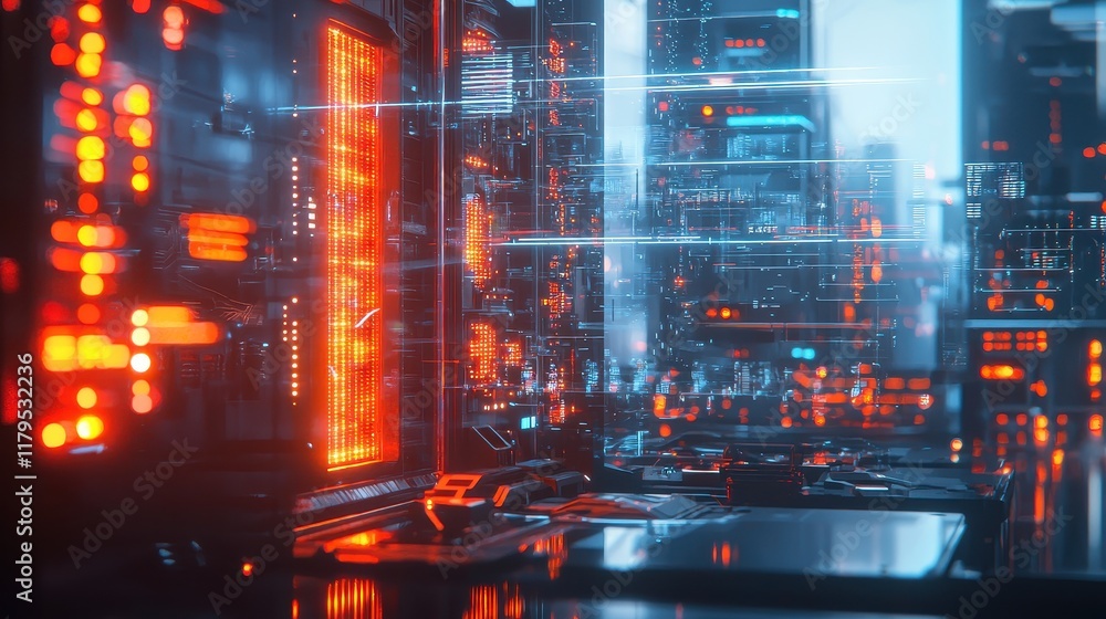 Poster futuristic data center environment with neon lights and complex computer systems for technology back