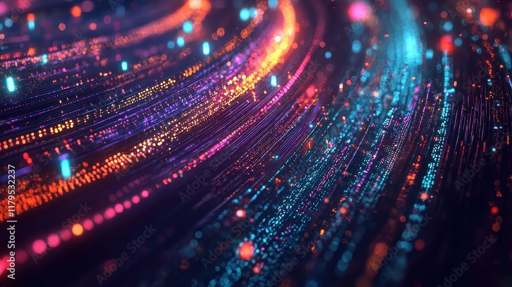 Poster abstract colorful light trails in a dynamic digital environment with vibrant patterns and textures