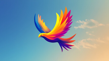 Naklejka premium Dynamic logo featuring a vibrant, outstretched bird soaring through the sky, symbolizing freedom, aspiration, and limitless potential. Windborne. Illustration