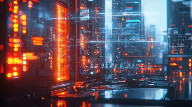 Futuristic Data Center Environment with Neon Lights and Complex Computer Systems for Technology Background