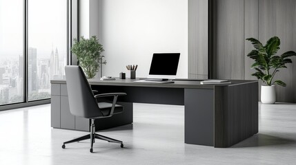 A modern office desk with a laptop, monitor, and plant. sleek, minimal design features open space, technology and productivity. room is empty, offering a clean and organized workspace