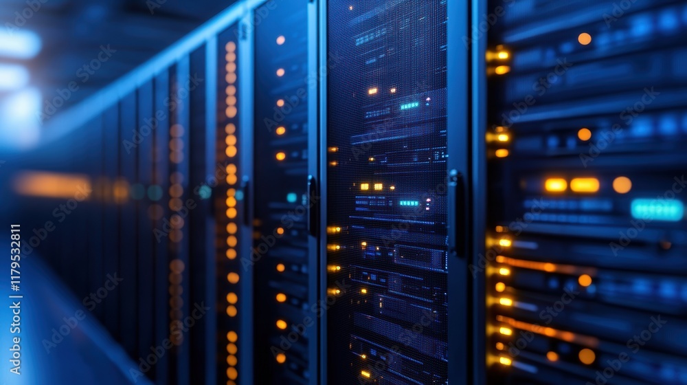 Poster advanced technology infrastructure with a row of servers in a modern server room showcasing efficien