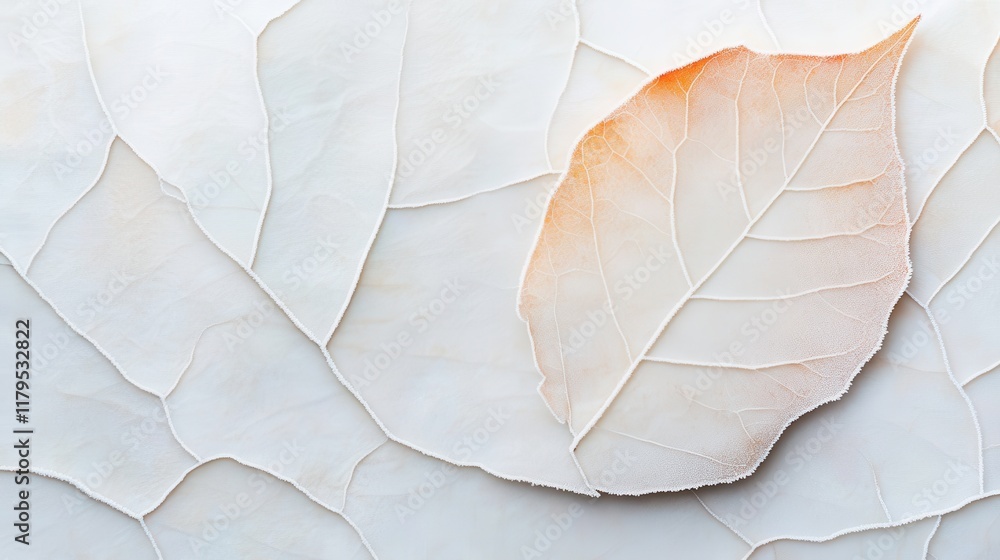 Poster delicate single leaf on textured light background with subtle veins and a gentle orange tint