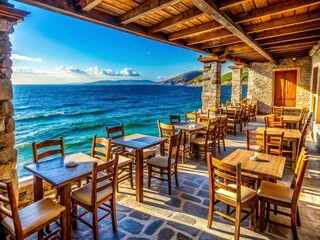 Empty Seaside Tavern Restaurant with Wooden Chairs and Tables - Breathtaking Ocean View