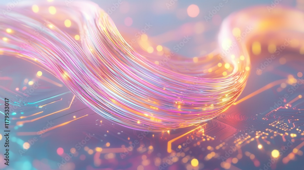 Poster ethereal flow of colorful lights over circuit board pattern in soft focus background