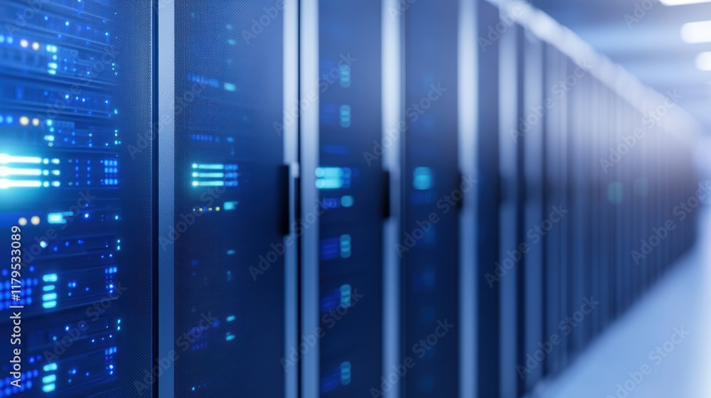 Poster a modern data center featuring rows of high-tech servers illuminated by soft blue lighting creating 