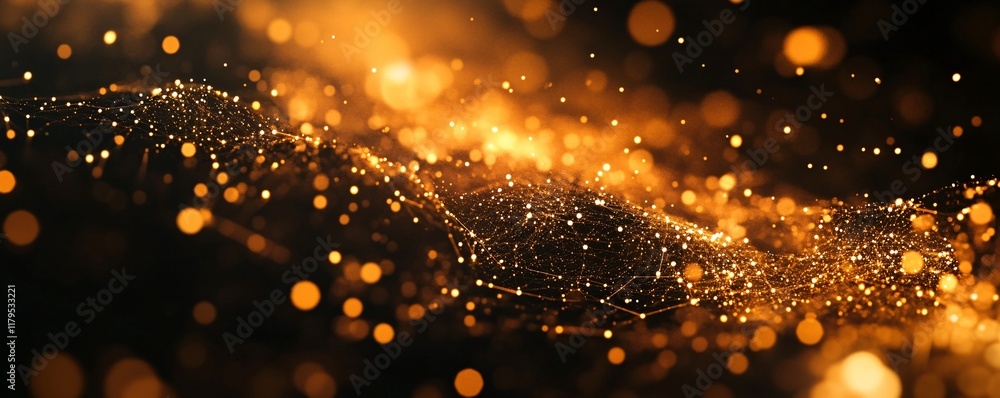 Poster Golden particles flowing over network mesh: abstract technology background