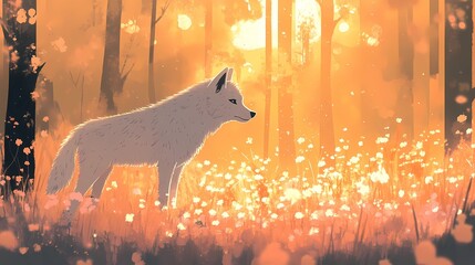 Lone wolf  by serene nature and soft evening light, style book illustration
