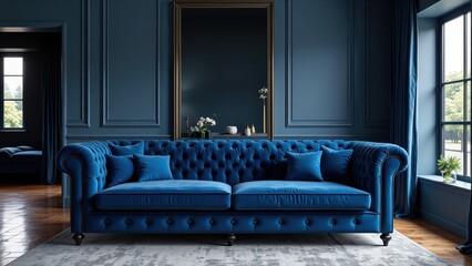Luxurious blue velvet tufted Chesterfield sofa in a dramatic dark blue room, anchored by a gray and white rug, with a scenic window framing a lush tree-lined view