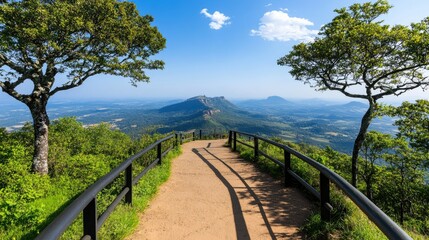 A peaceful hilltop view features a fence with a stunning mountain backdrop in India under a clear blue sky