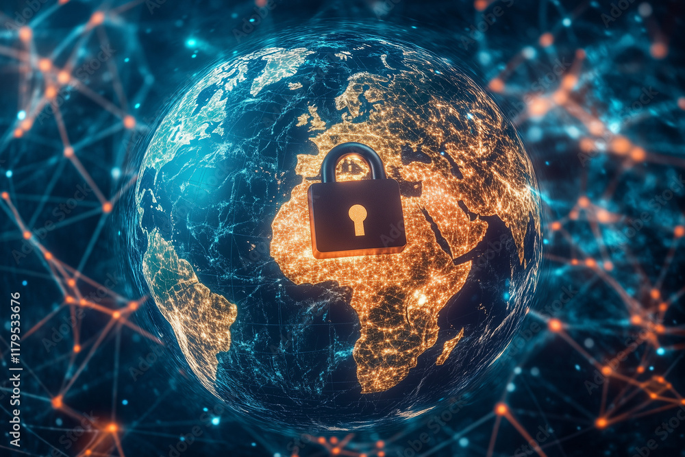 Poster a cybersecurity concept with a padlock overlaying a globe made of connected digital networks