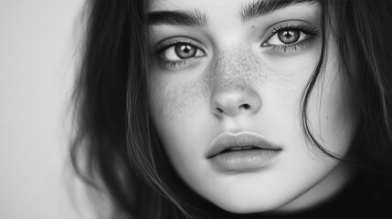 Fototapeta premium Close-up monochrome portrait of a young woman with freckles and expressive eyes.