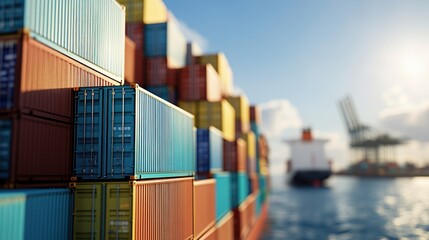 Fototapeta premium Majestic Container Ship Navigating Calm Waters with Dramatic Clouds and Scenic Horizon in a Tranquil Maritime Environment