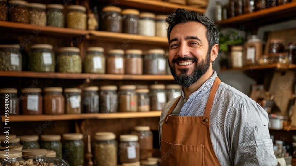 Poster a man with a beard in an apron smiles confidently as he stands in front of shelves filled with jars 
