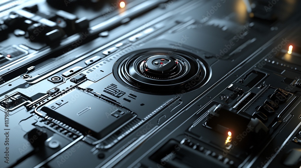 Poster futuristic circuit board showing complex electronic components and wiring