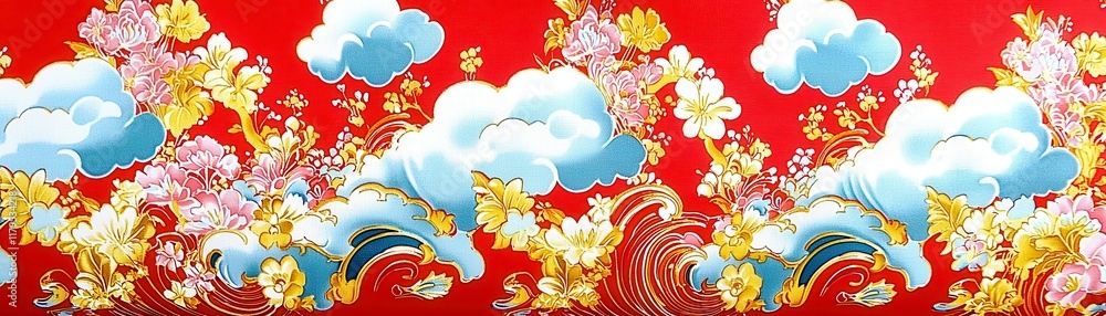 Poster vibrant red background with colorful floral patterns, clouds, and waves in an artistic design for us