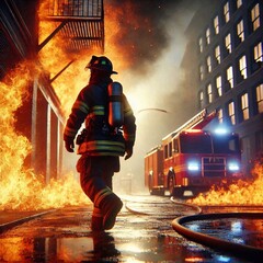 Firefighter walks through flames, fire hazard