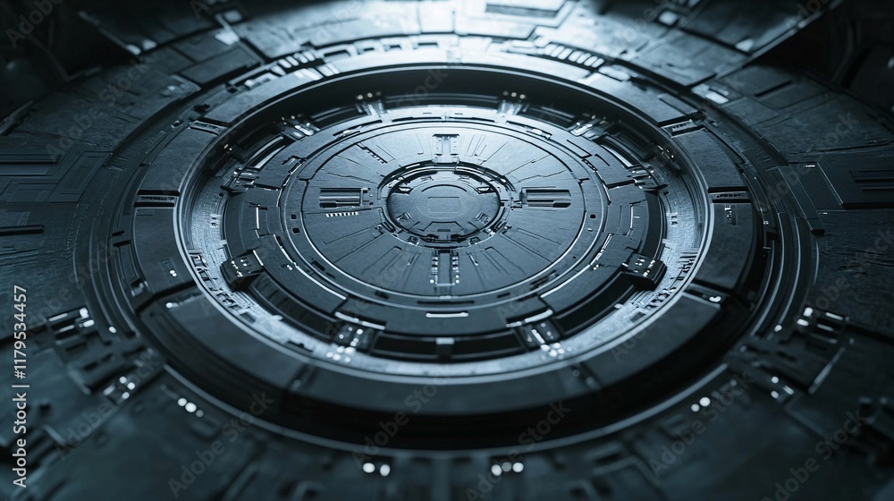 Poster Futuristic metallic circular gate opening on a technological surface