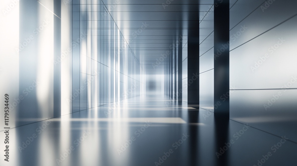 Aufkleber Sunlight illuminating long empty corridor with shiny floor and pillars