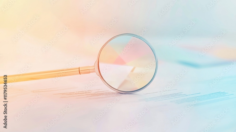 Aufkleber magnifying glass on documents with soft lighting and abstract background for analytical or research 