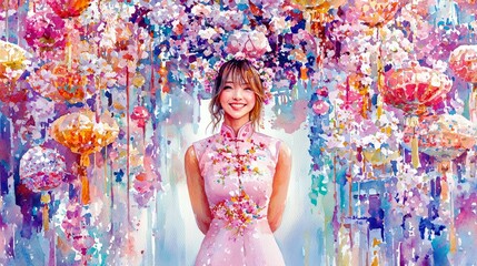Enchanting Woman in Floral Attire Surrounded by Vibrant Lanterns and Blossoms in an Artistic, Colorful Celebration Setting