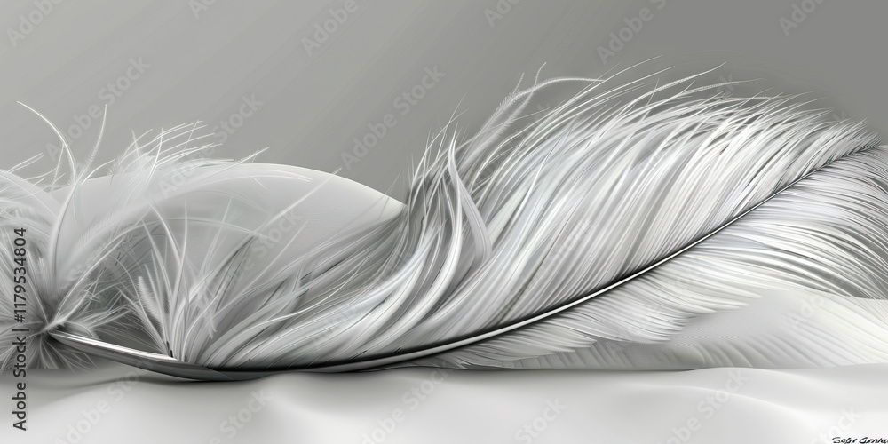Poster grayscale image of a single white feather on a smooth surface