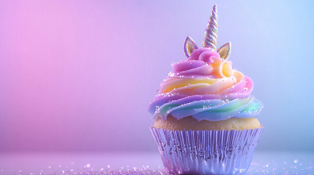 Single unicorn cupcake with pastel coloured swirled icing