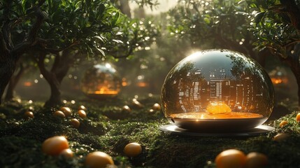 Futuristic Vanilla Pod Orchard with Digital Sphere. Generative AI