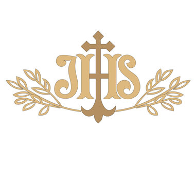 IHS GOLD EMBROIDERY FOR LITURGICAL CLOTHES AND SACRED CEREMONIES. SACRED CATHOLIC SYMBOLS IN ANCIENT STYLE WITH GOLDEN DECORATIONS